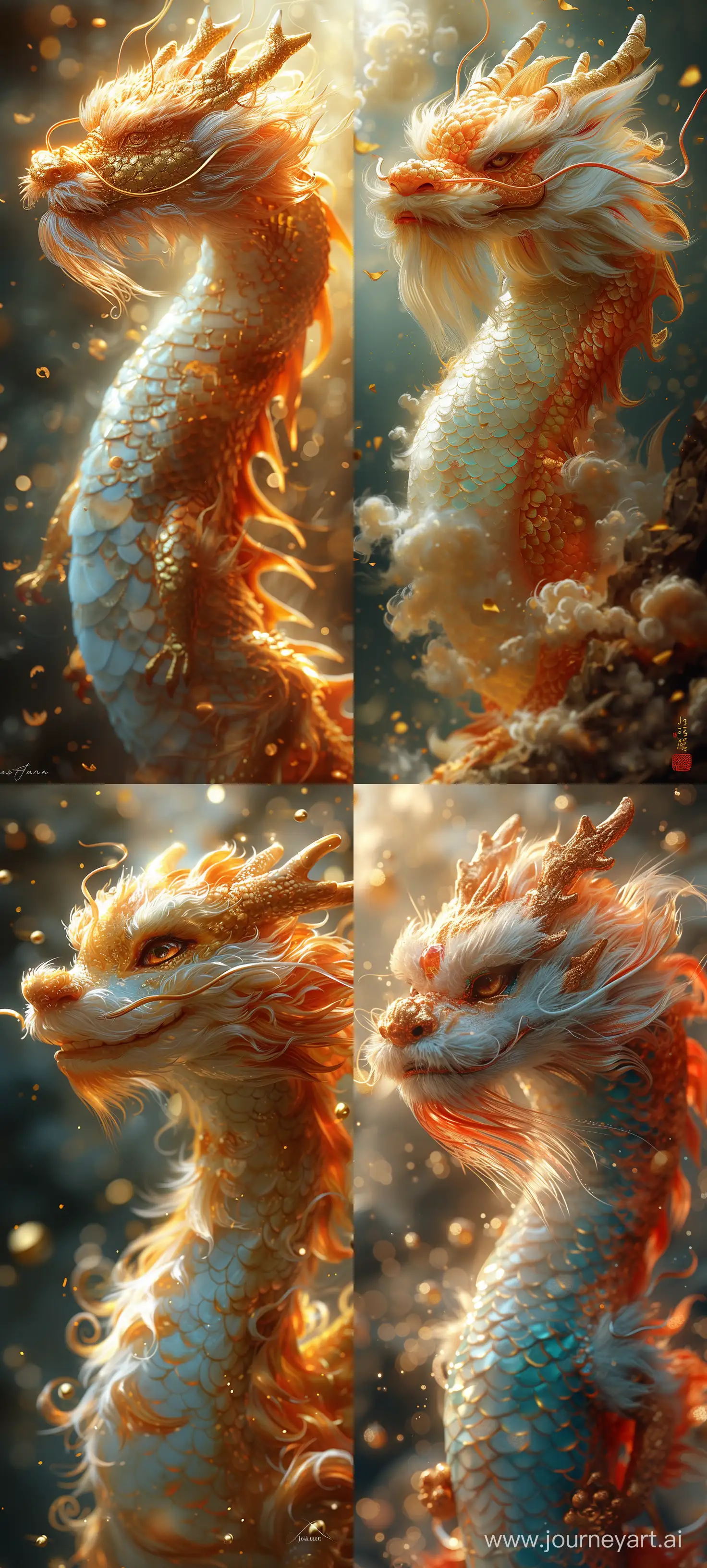 Cute calm happy Chinese dragon painted by James Jean, Chinese New Year atmosphere, sunlight filtering through, golden auspicious clouds,close-up, head left, abstract simple lines,hd quality, illustration, golden-color, advanced color matching --ar 9:20 --s 1000 --v 6.0
