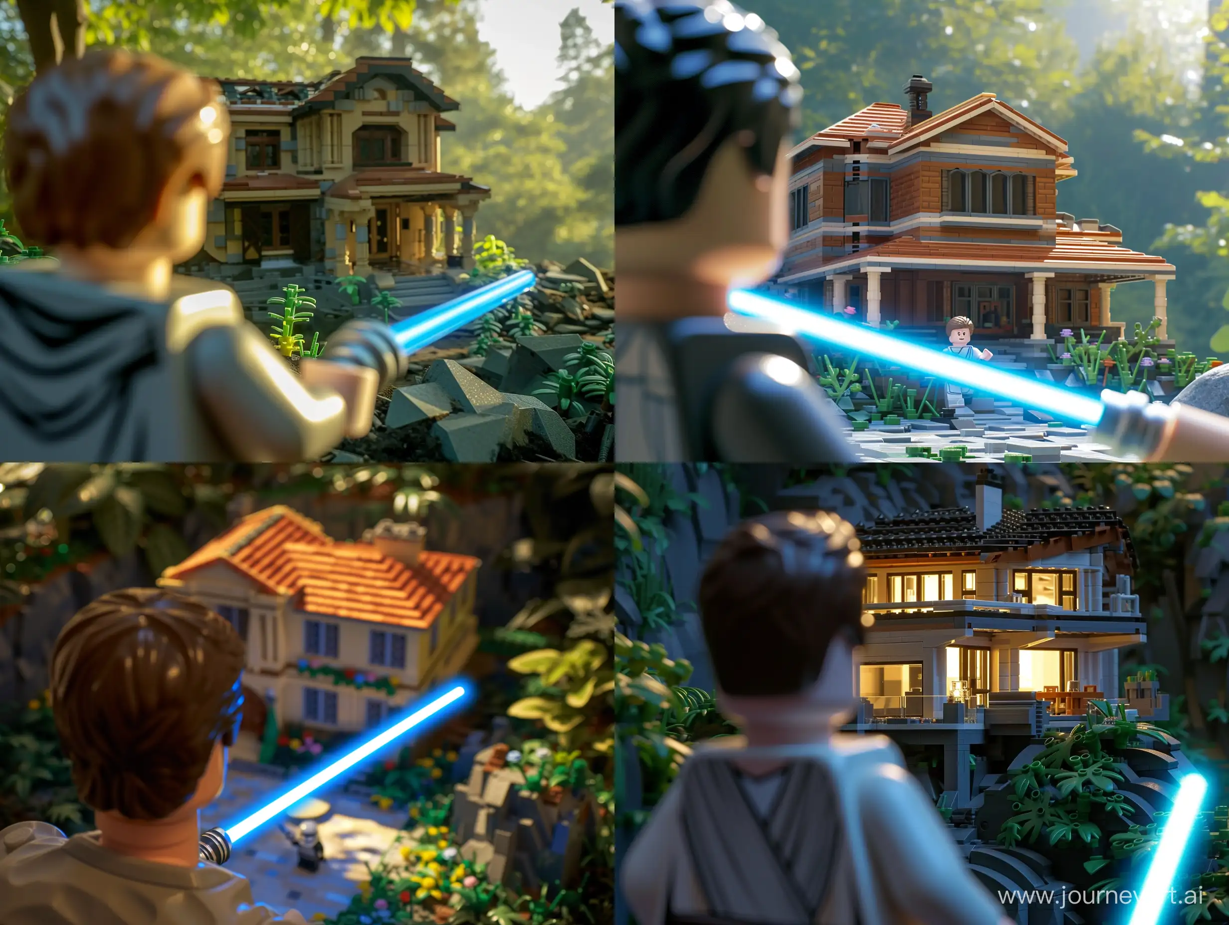 third person view of a man looking at a house, full view, day time, natural lighting, environment, architecture, nature, lego star wars gameplay, holding light saber,
