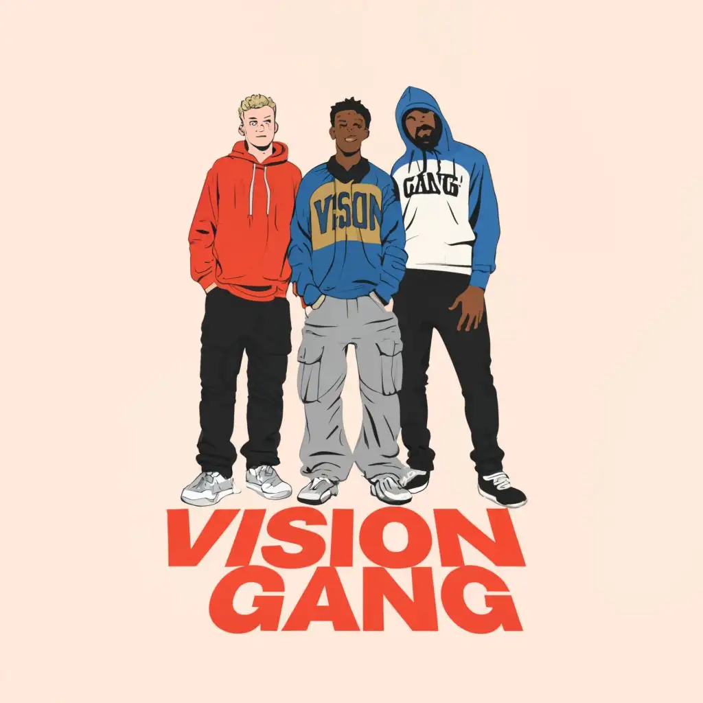 logo, Typography, Guys standing with hoodie on,, with the text "Vision Gang", typography