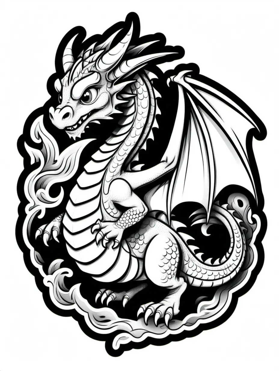 Cartoon Dragon Sticker in Classic Black and White Coloring Book Style