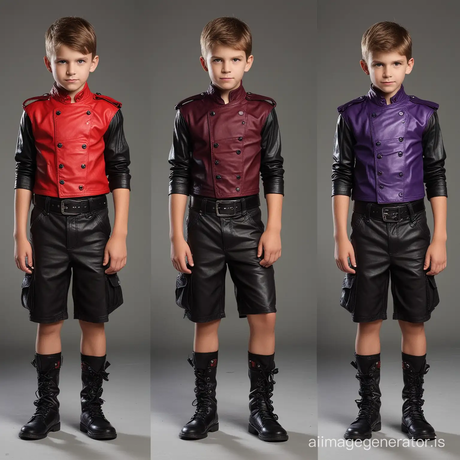 Create a villain outfit for a strong 8 year old boy villain with abs, cool, wicked, comfortable yet intimidating, leather, shorts, various shades of purple and red with hints of green and black