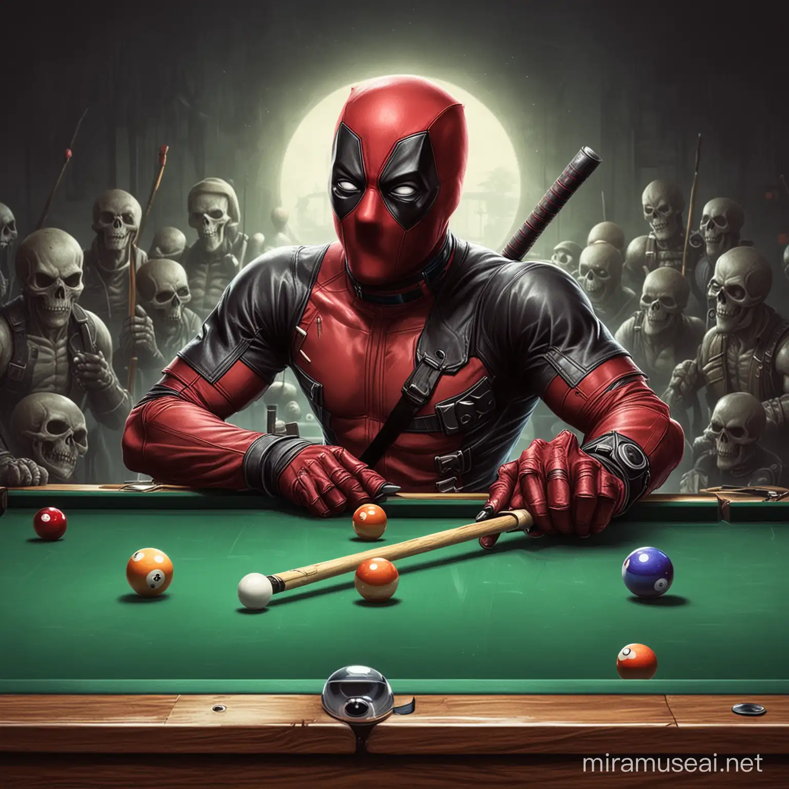 For a tee shirt logo, have deadpool playing billiards, have the image framed
, replace pool balls with skulls
