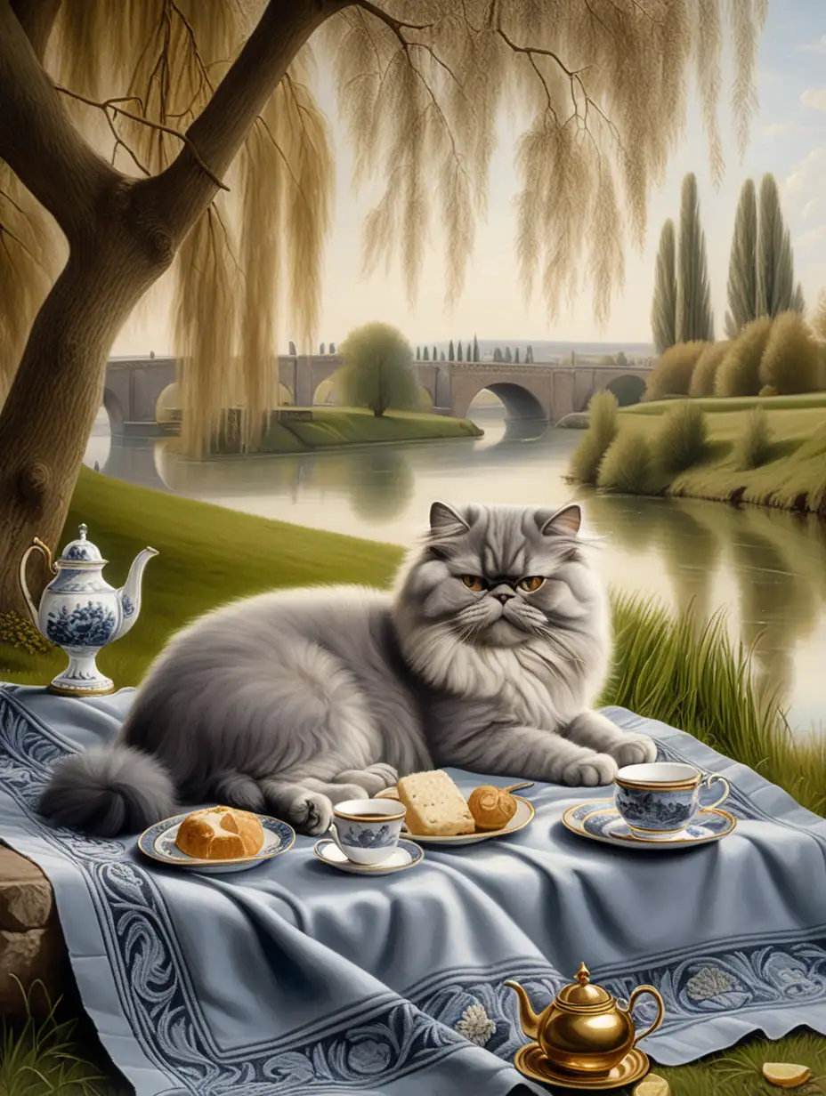 in the style of a 19th century painting, a gray Persian cat asleep on a large blanket with the remains of an English tea meal around him underneath a willow on the bank of a picturesque river,