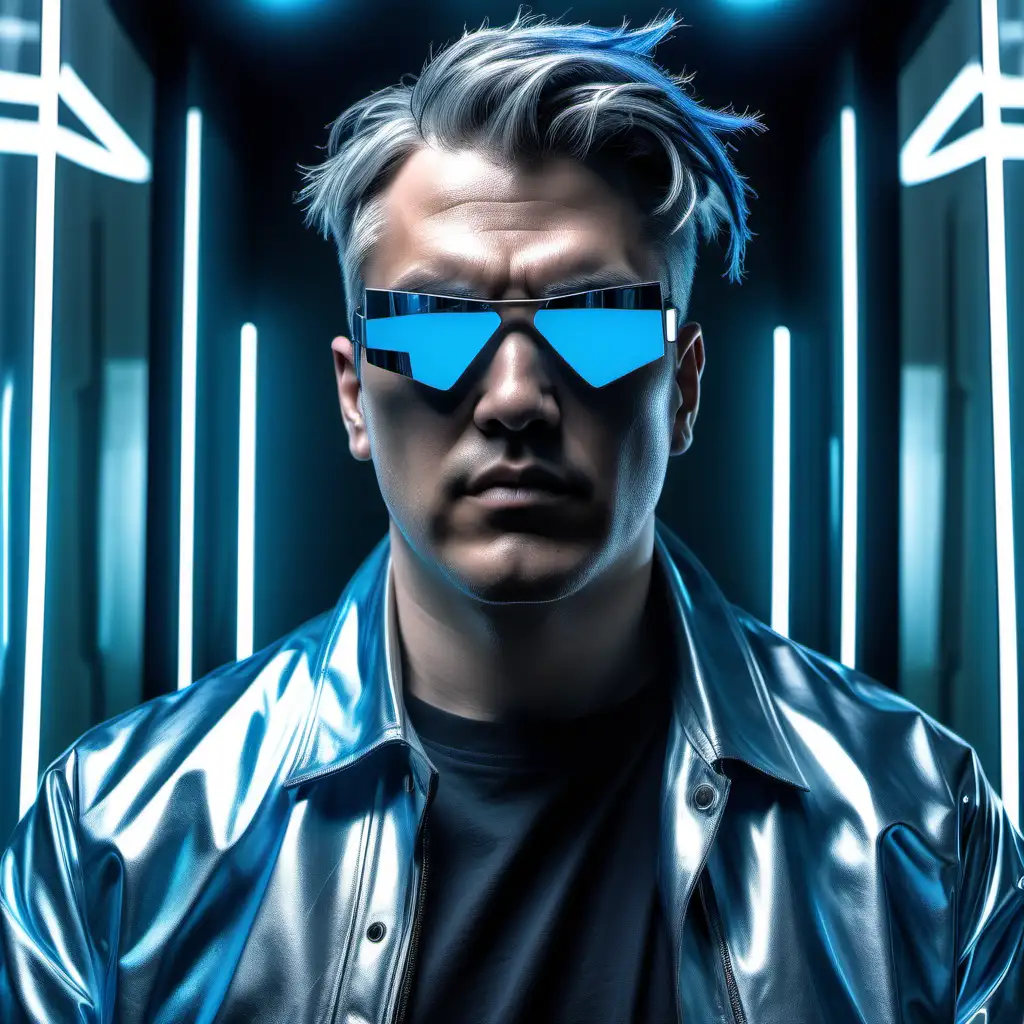 Large and Heavy man, broad shoulders, mid thirties, cybernetic eyes seen through futuristic reflective mirrorshades. Short wild all over disheveled genius blue dyed hair. Dressed in gray Urban flash clothing. Clean shaven. Relaxed look.