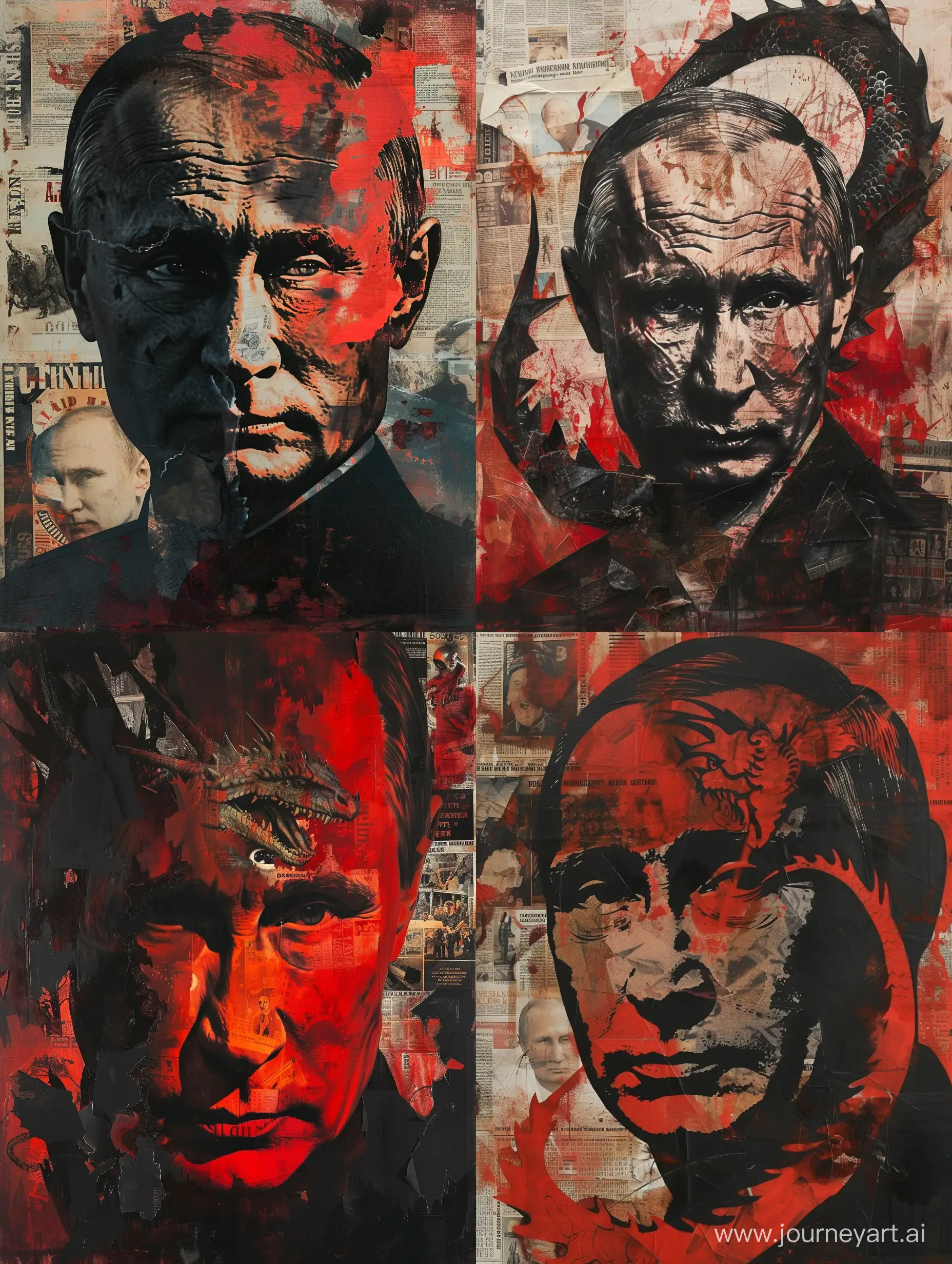 in the style of red and dark black,dragon art, mesmerizing optical illusions, xu beihong,bold shadows, very creative blend of face and paper, Impressionistic painting of Vladimir Putin, dystopian war world, Collage oil painting,  Like Konstantin Kachev art, parts of vintage magazines in background, strong texture, weather on canvas