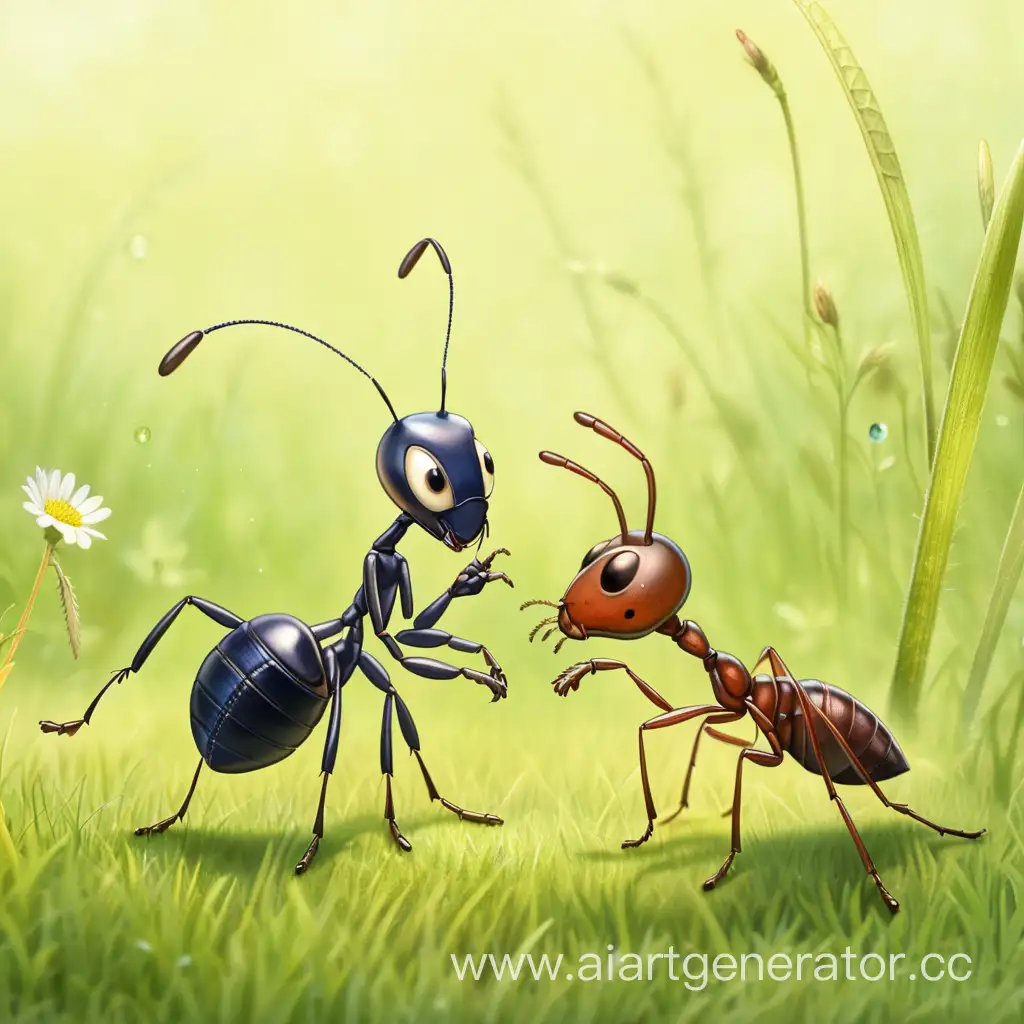 an ant and a cricket in the meadow talking to each other
