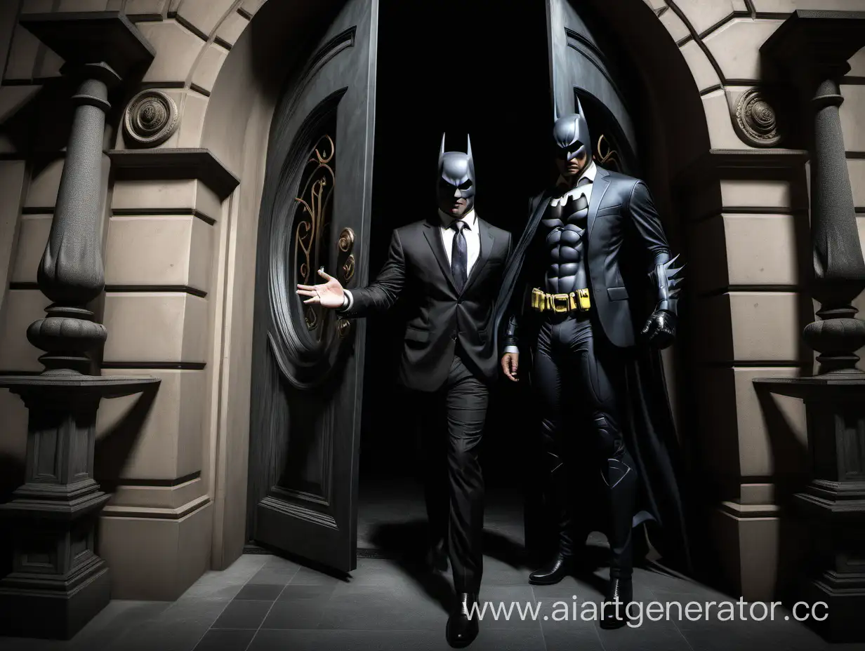 Темное поместье Бэтмена, итальянский стиль, светлые цвета, открытые двери, парень-мулат встречает на входе, темные волосы, дорогой черный костюм