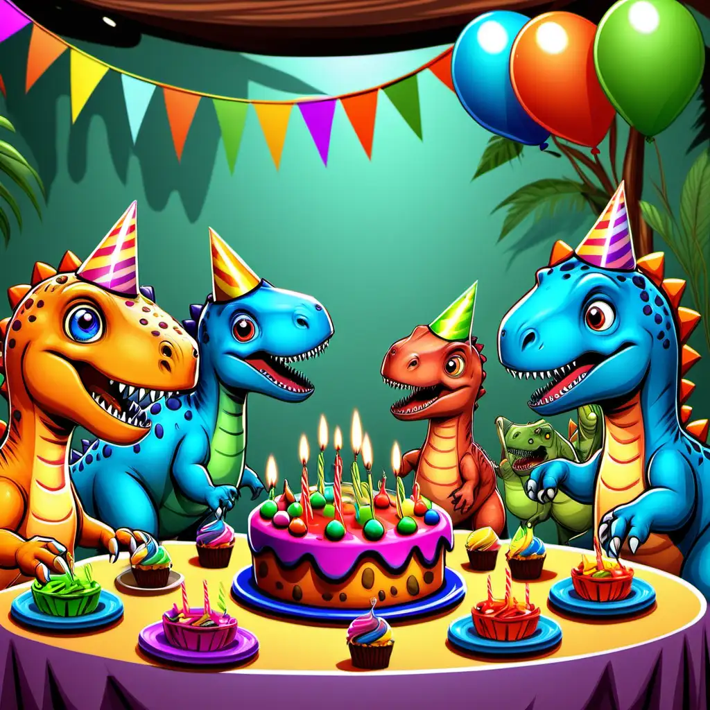 cartoon prehistoric birthday party scene with dinosaurs partying cartoon drawing for kids