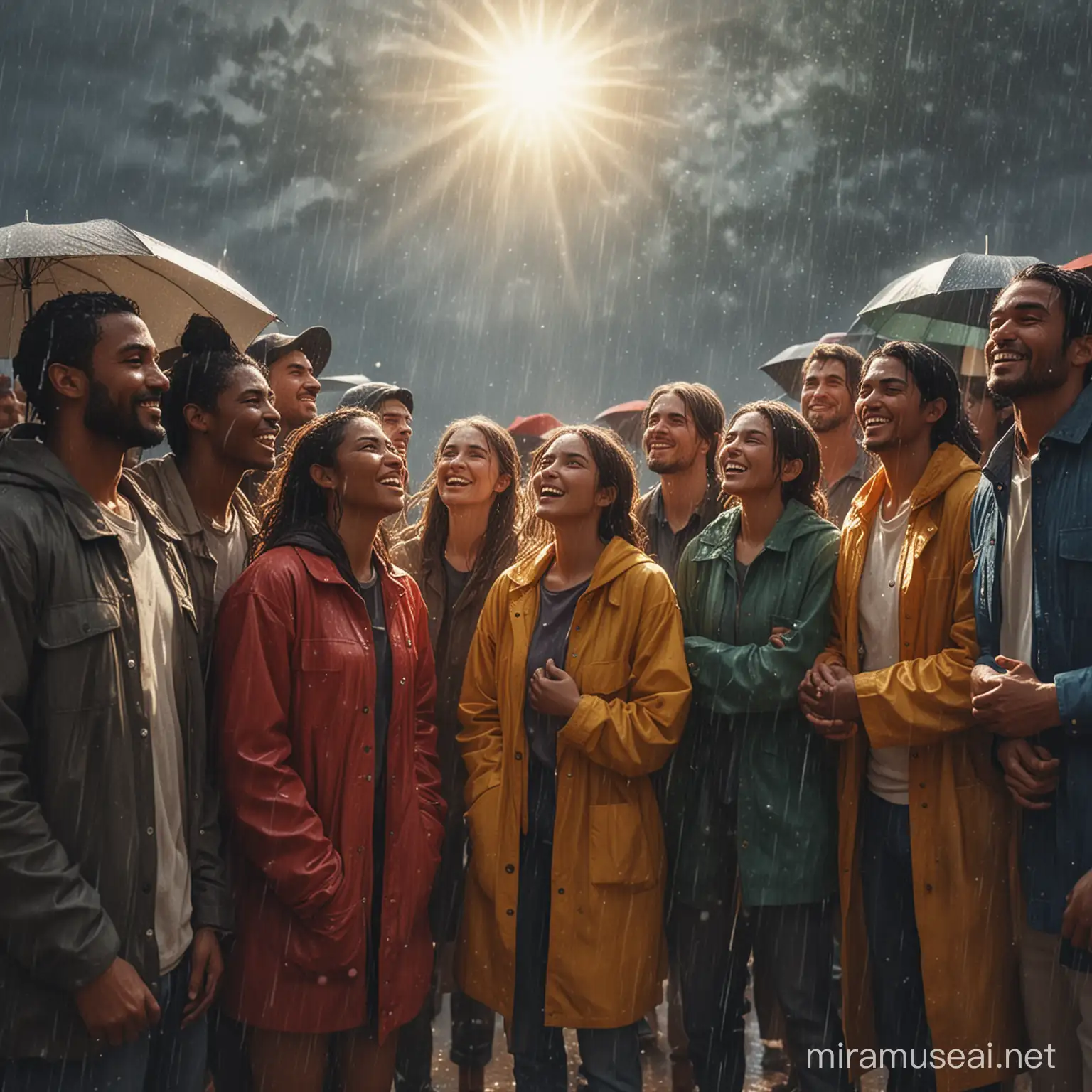 [Image description: A vivid illustration depicts a group of diverse individuals standing together under a bright sun, while rain pours down around them. They are huddled closely, supporting each other through the storm. In the foreground, a person gazes out confidently, their expression reflecting the realization of who their true allies are amidst both adversity and joy.]