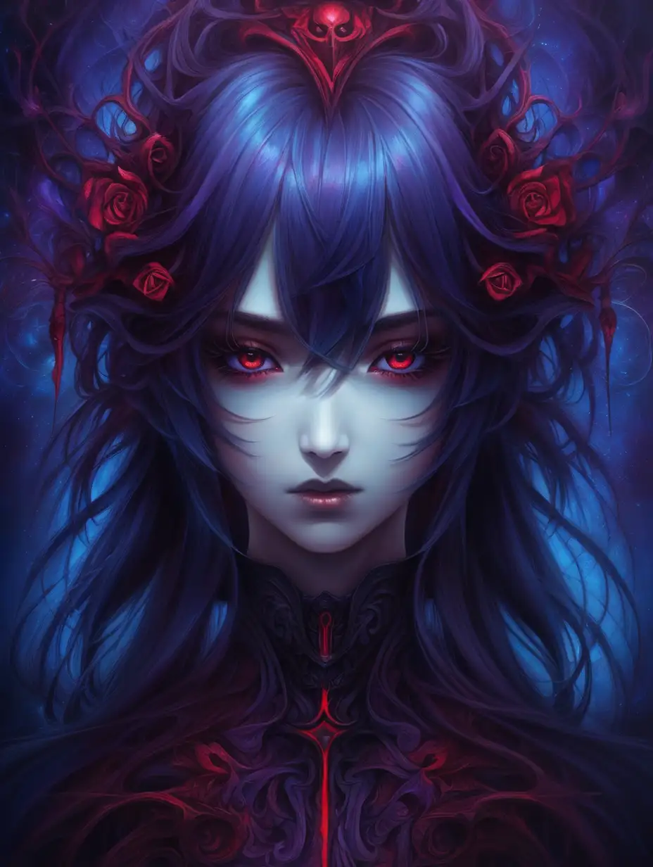 imagine a woman symbolizing Dark manipulation, psychology, Dark, Red, Anime, blue and purple tones


