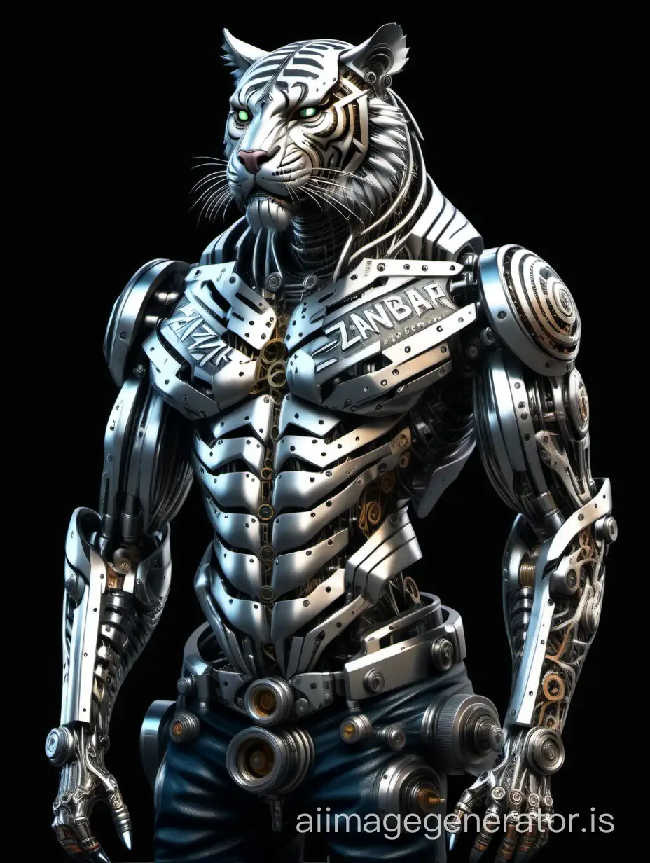 full body mechanical cyberpunk silver tiger with the word Zanzibar tattooed on its mechanical chest. set against a black background. photorealistic 8K
