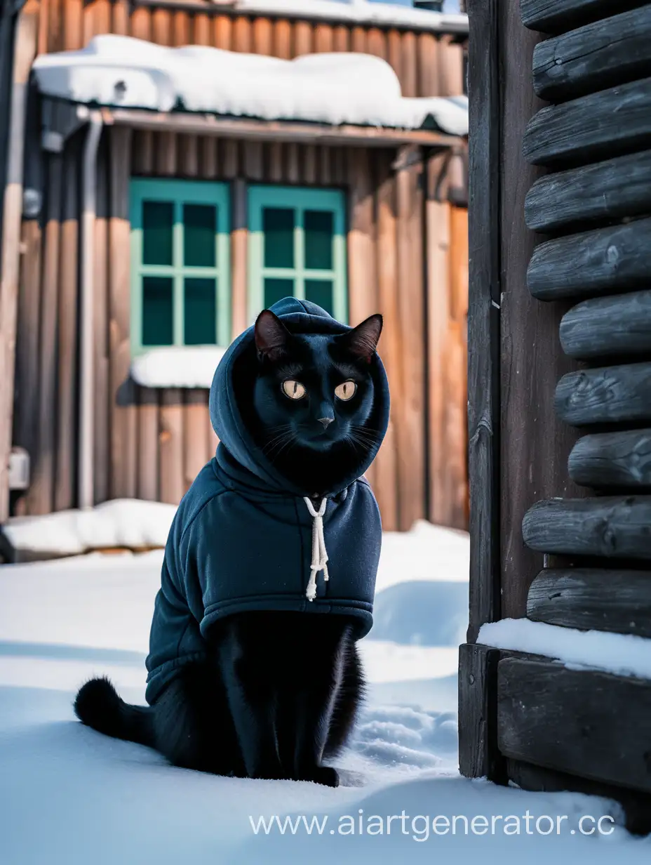 Черный кот в олимпийке зимней на фоне старого панельного дома