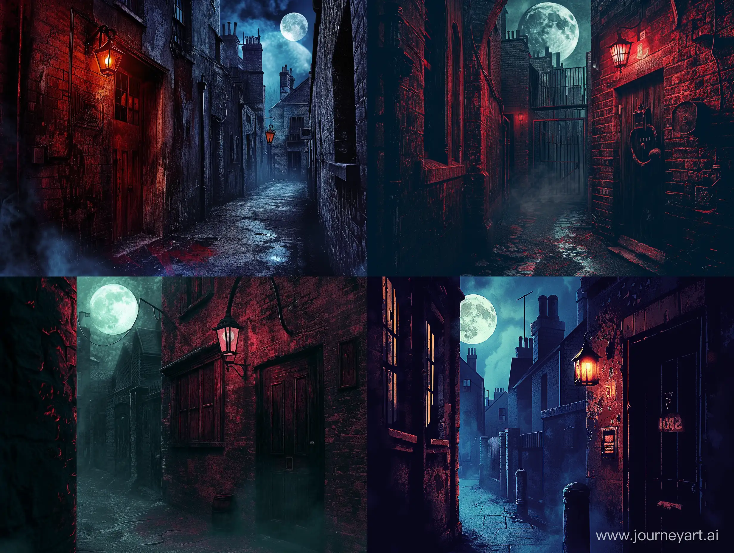 horror movie poster, detailed graphics, airbrushing, jack the Ripper, crimson London, dark, creepy, lantern light, moon, gloomy alley, night time, graphics, vector graphics, movie from hell 2001