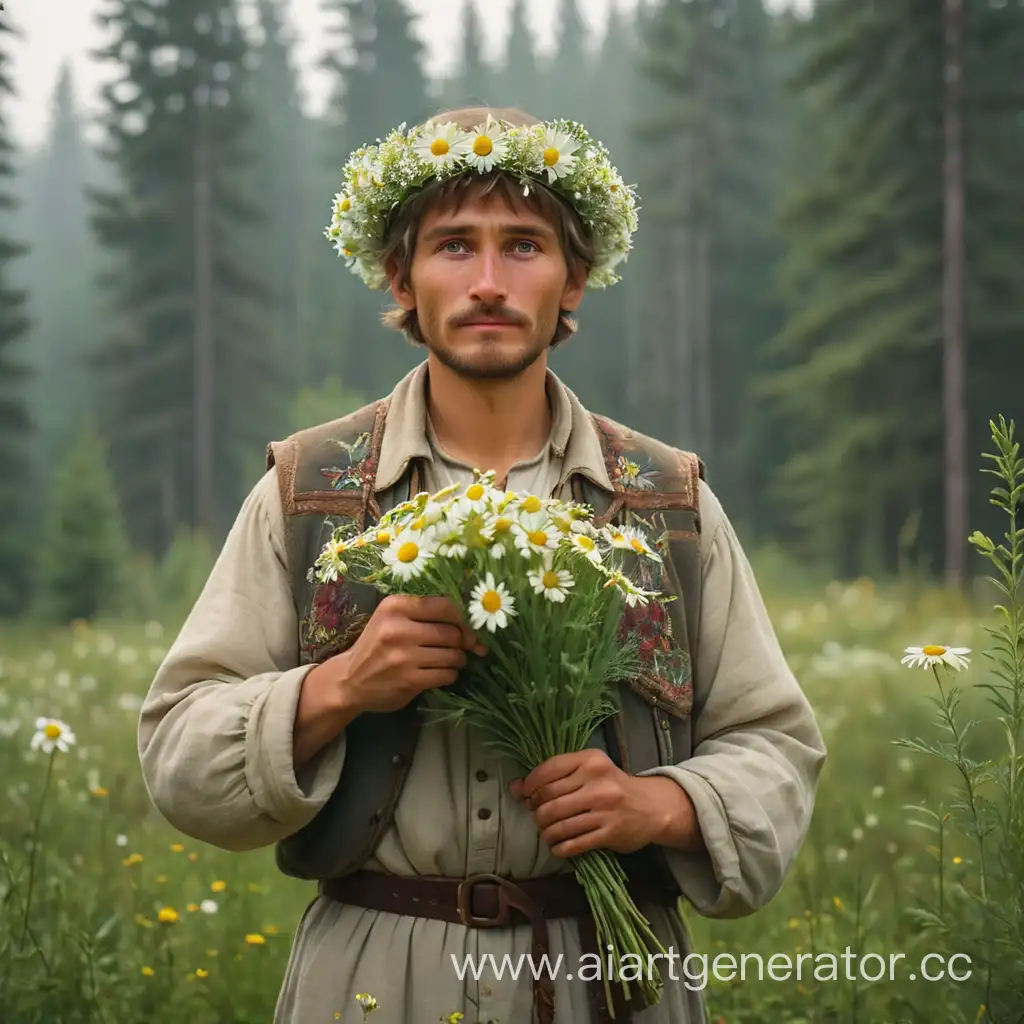 Russian-Peasant-in-Traditional-Attire-with-Floral-Wreath-Holding-Chamomile-in-Misty-Flower-Meadow