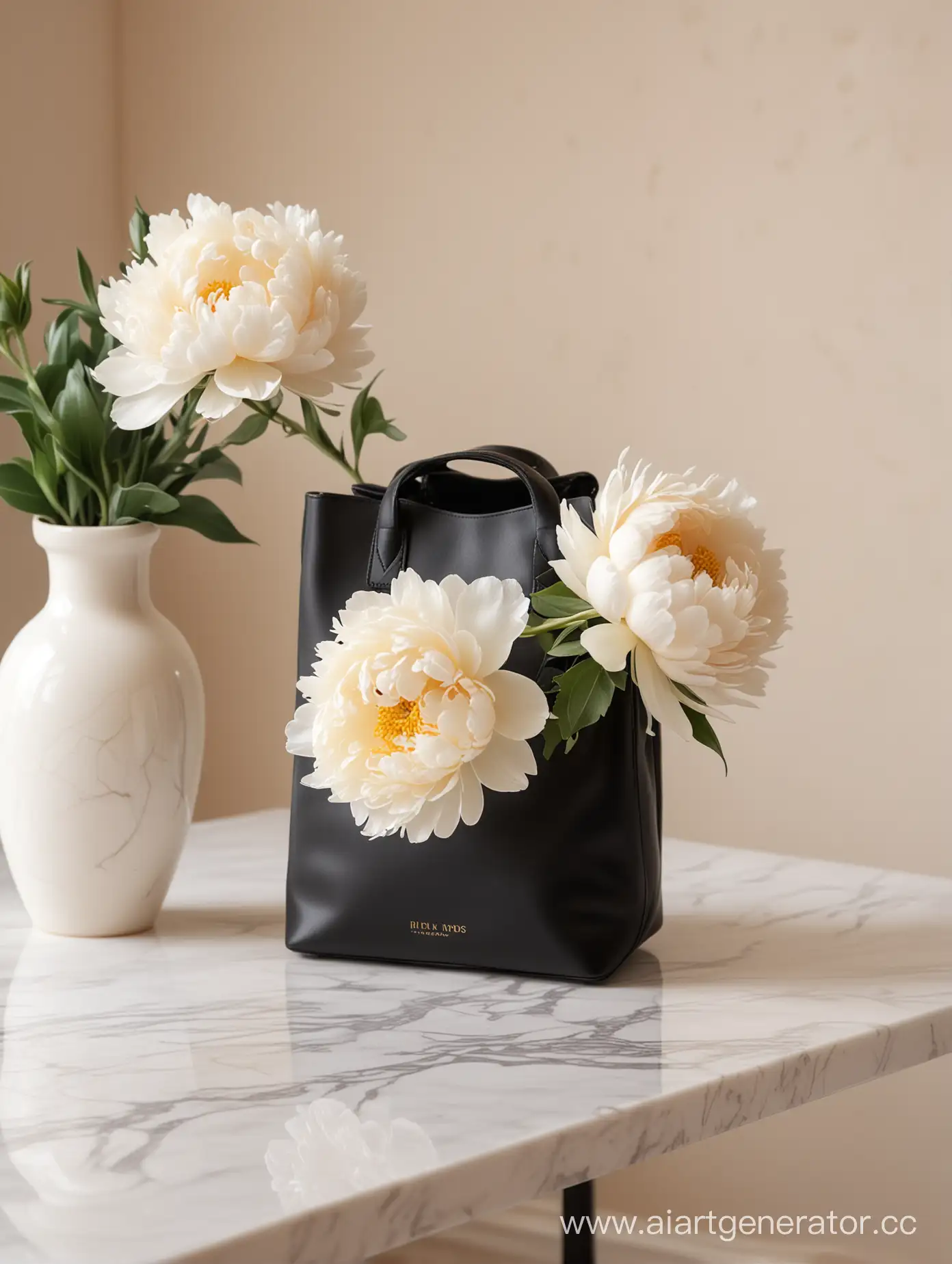 realistic close-up photo: a black mini bag stands on a long white marble table with black legs, on the table a small bouquet of white pions in a white vase. The background is a minimalistic room with light peach wallpaper, illuminated by warm and gentle light