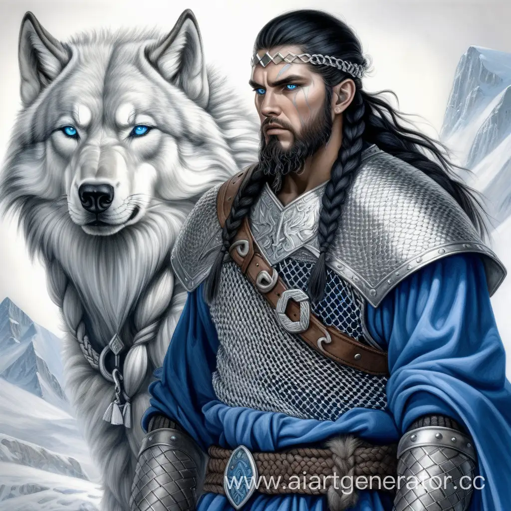 Конунг викингов, чёрные волосы завязанные в косу сбритые с боков с бородой и ледяные глаза, в серебряной кольчуге, белый волк, синяя одежда, симметрия, рисунок карандашом, портрет, брутальный