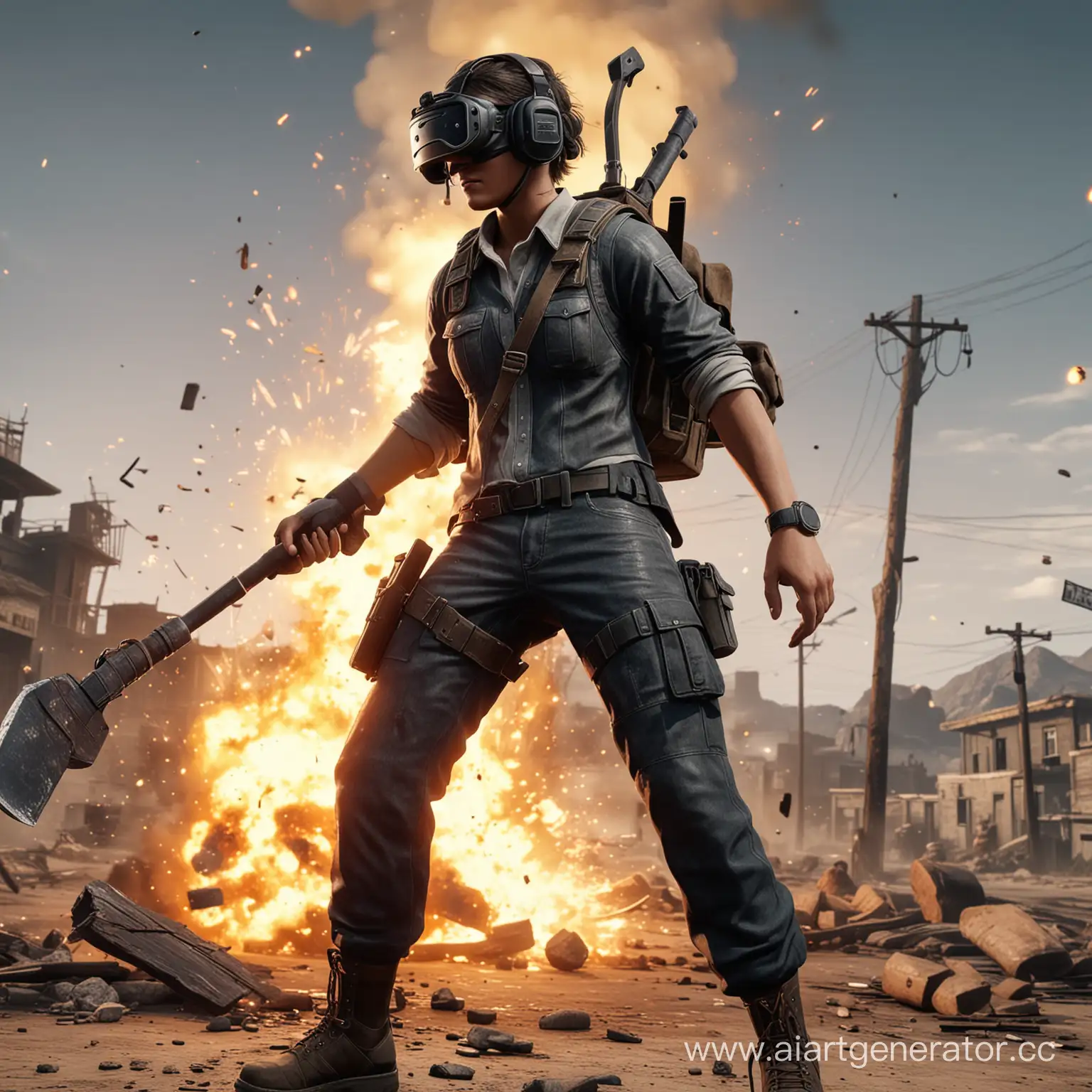  Персонаж из игры PUBG стоит с киркой в руках, задний фон взрывы. Стиль превью для стрима на ютуб 