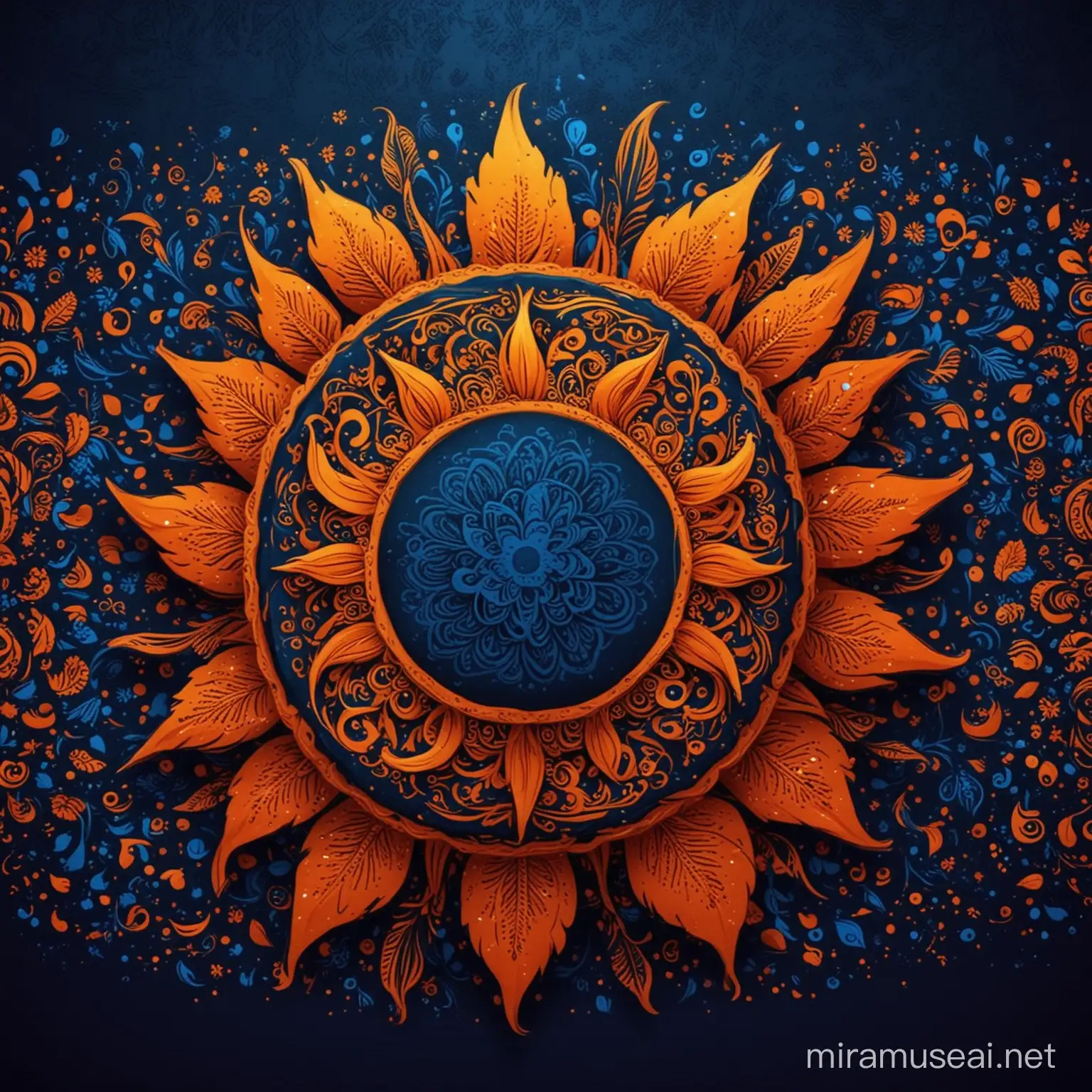 design a background with authentic sri lankan artistic designs with the artistic sun based design and elements of sri lankan new year with bright colours like orange and dark blue
