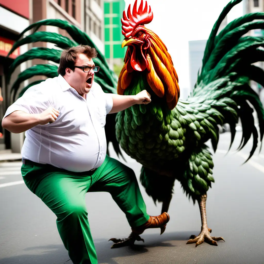 Caucasian male, short brown hair, thin glasses, obese, white shirt, green pants, fighting a giant rooster in the street