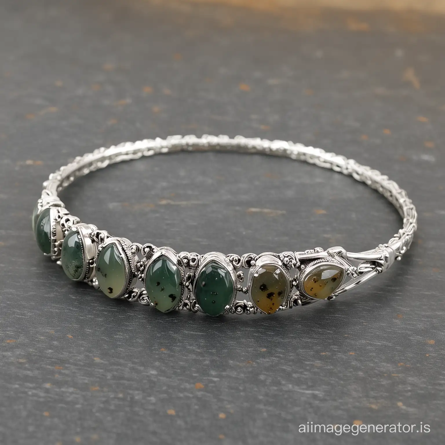 Bracelet, Moss Agate Bangle, harvest-witch inspired silver bangle with 7 marquise moss agate gems.


