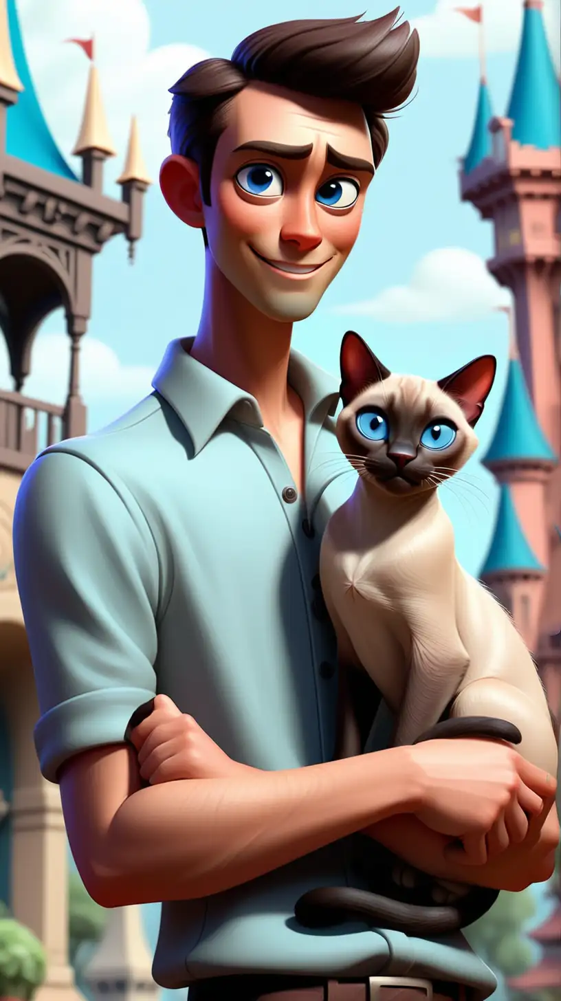 Cheerful Character Holding Siamese Cat in Whimsical Disney Style