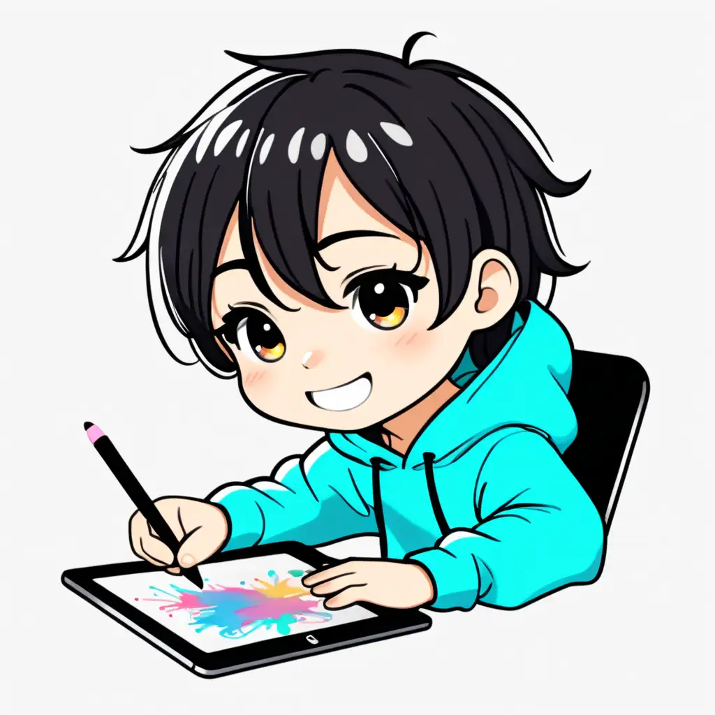 Joyful Chibi Kid Drawing on Tablet in Colorful Hoodie