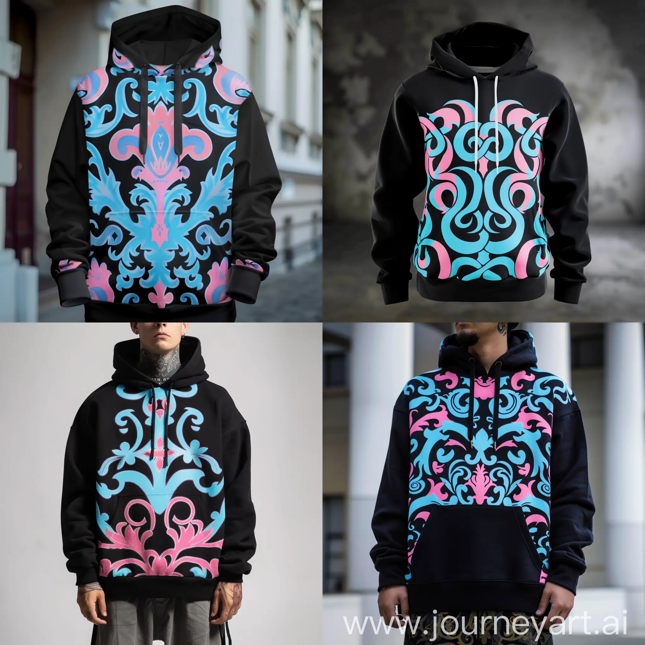 Stylish-Black-Hoodie-with-Vibrant-Blue-and-Pink-Pattern