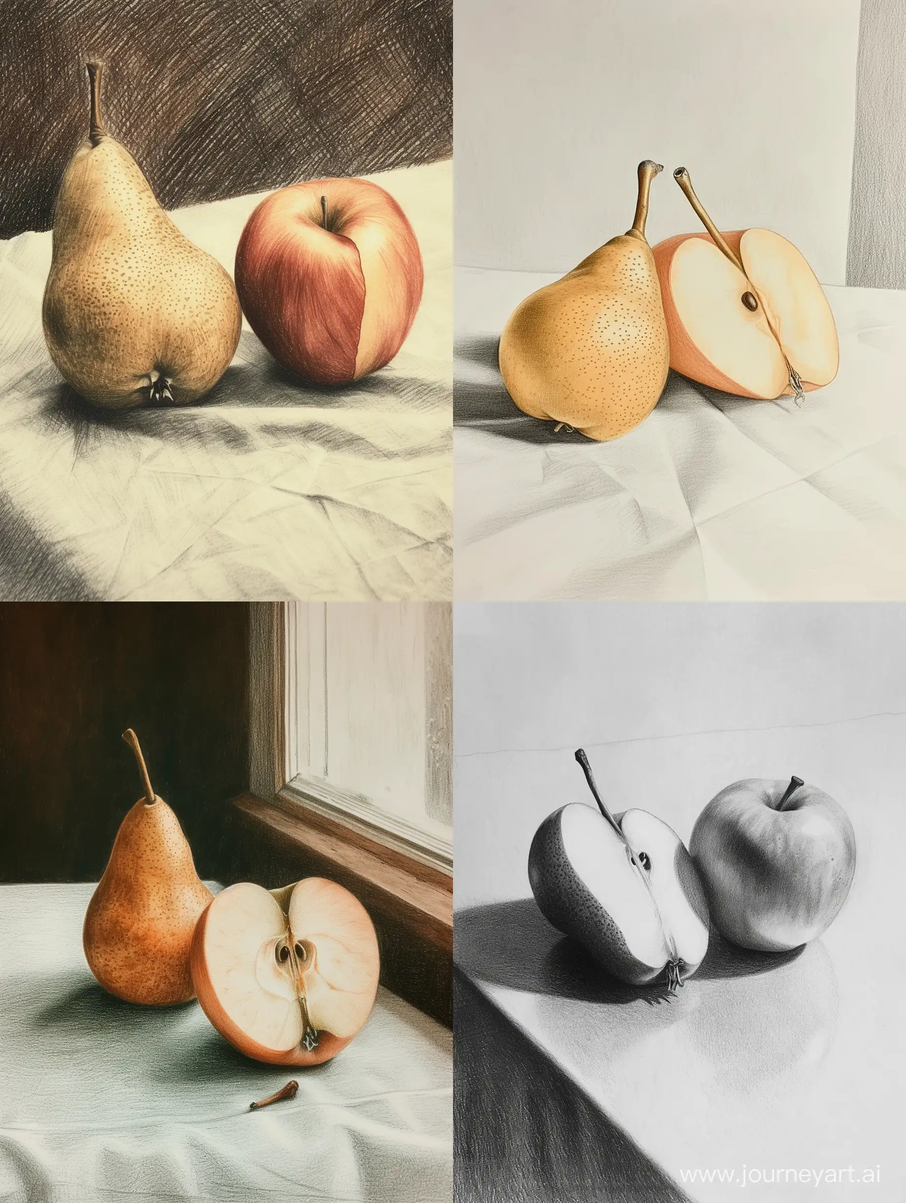 zeichne eine Frucht, deren rechte Hälfte ein Apfel ist, die linke Hälfte ist eine Birne. Sie liegt auf einem Tisch. fotorealistisch.