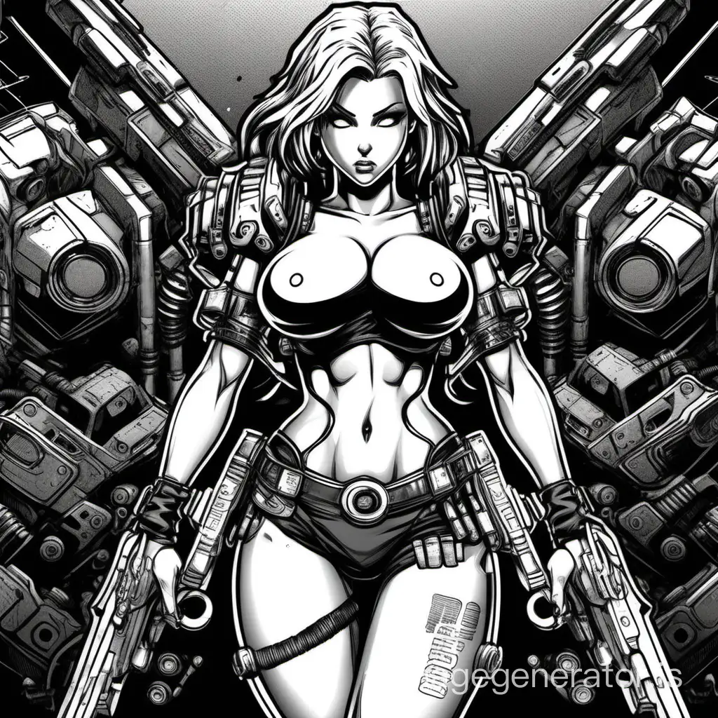 cyberpunk warrior girl, old cartoon visual, huge boobs, perfect body, black and white graphics, full body model, portrait image