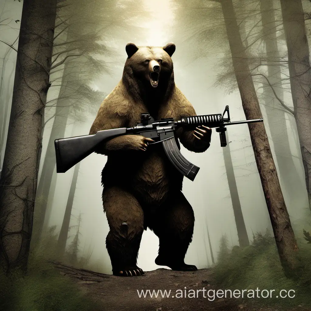 Медведь в лесу в лапах держит винтовку