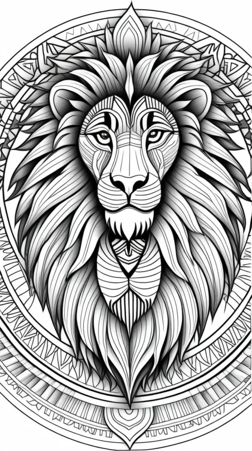 coloring page for adults, African Lion mandala, in Africa, low detail,  thick lines, no shade