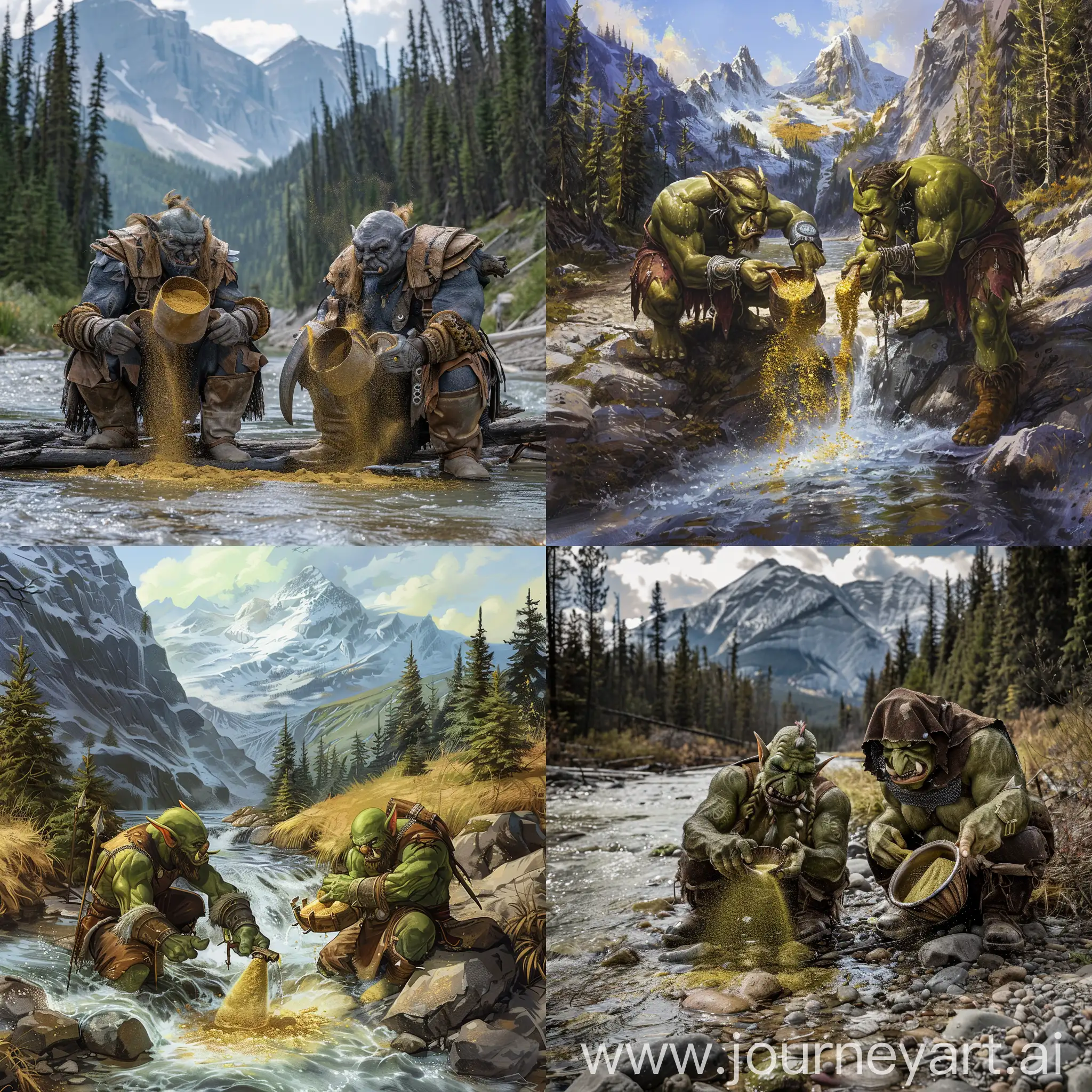 Muscular-Orcs-Transforming-Mountain-River-Water-into-Golden-Dust-in-Taiga-Campsite