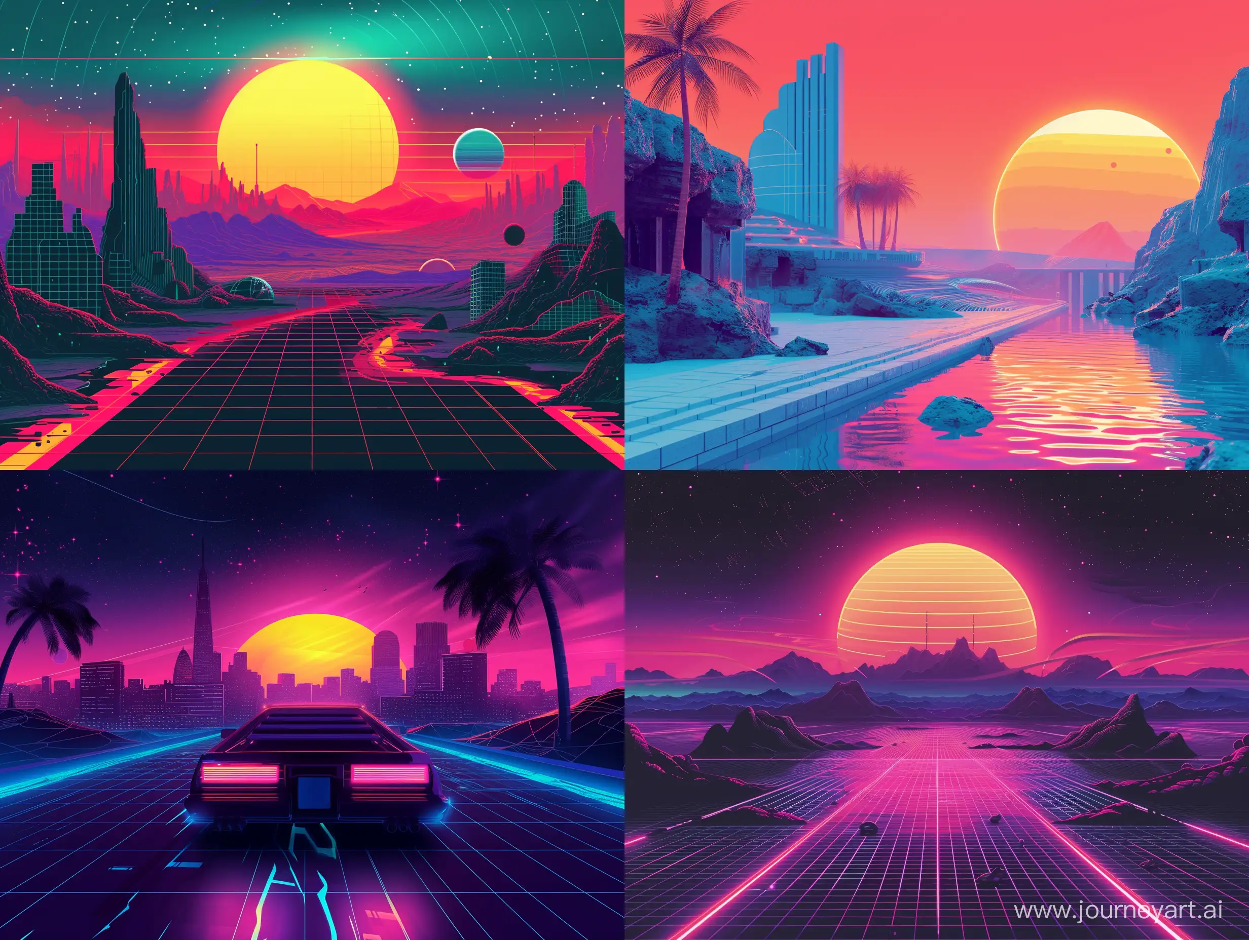 a illustration art style of a retrofuturism environment, synthwave, 70, vibrant, graphic design, vintage, graphic design,