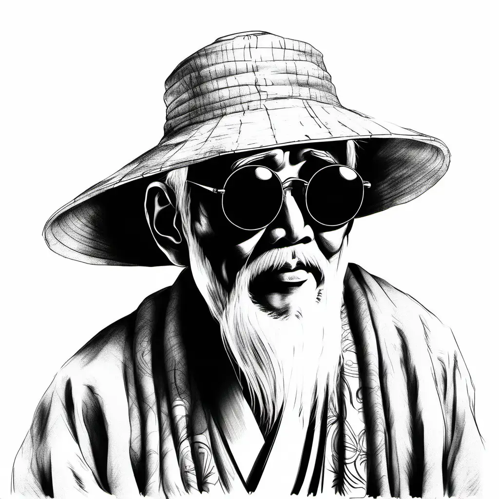 Create a hand sketch of a janapense wise man hiding. He is wearing sunglasses and an old hat.

All the drawing should fit in the image.
No colors. White background. No shades