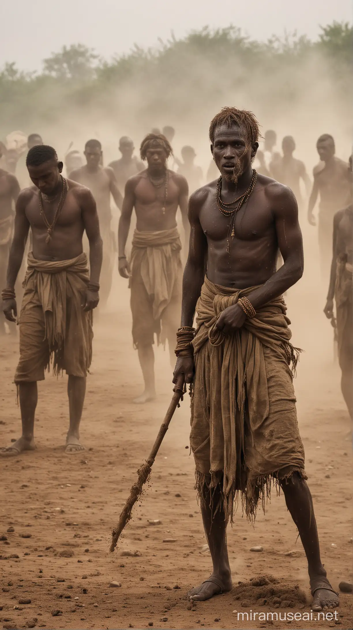 An intense moment of Surma men's ritual combat in their quest for finding a spouse, depicting a scene filled with dust and energy.
