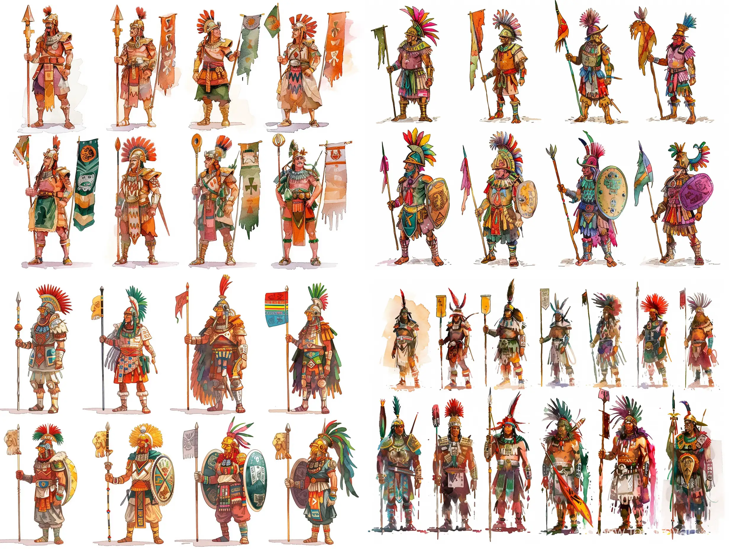 Eight variants of the ancient Aztec warrior, BC, with a small flag, stylized caricature, Victor Ngai, watercolor, ink, decorative, flat drawing, on a white background