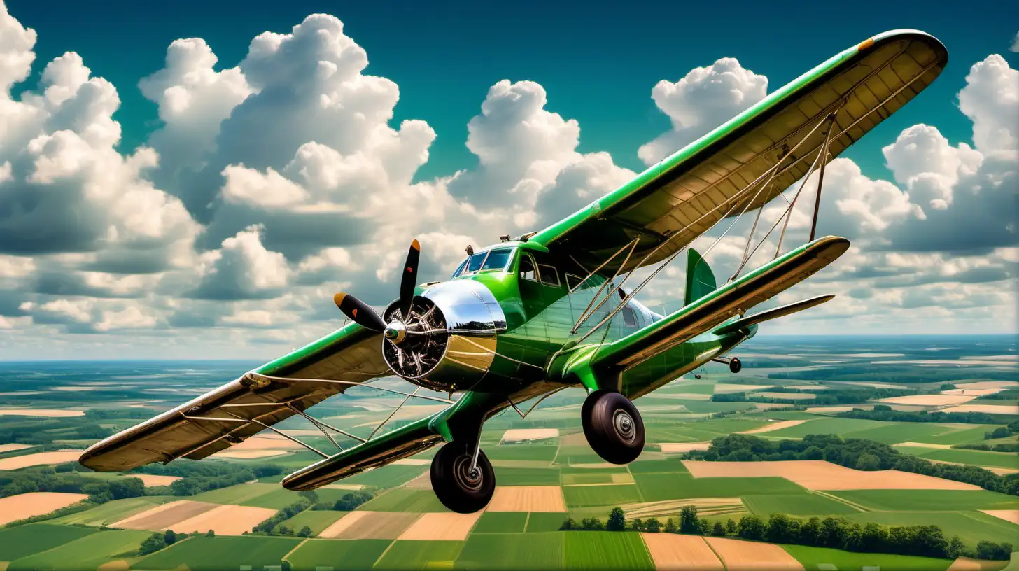 "Capture the elegance and grace of a vintage propeller plane soaring above a patchwork of green fields, with wisps of clouds dotting the clear blue sky. The high-resolution image should transport viewers to a bygone era of aviation nostalgia."