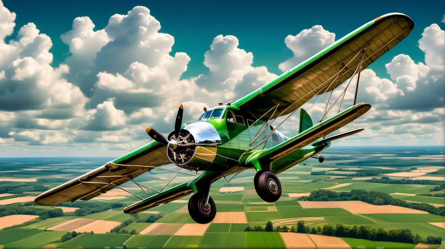 Vintage Propeller Plane Flying over Green Fields in Clear Blue Sky