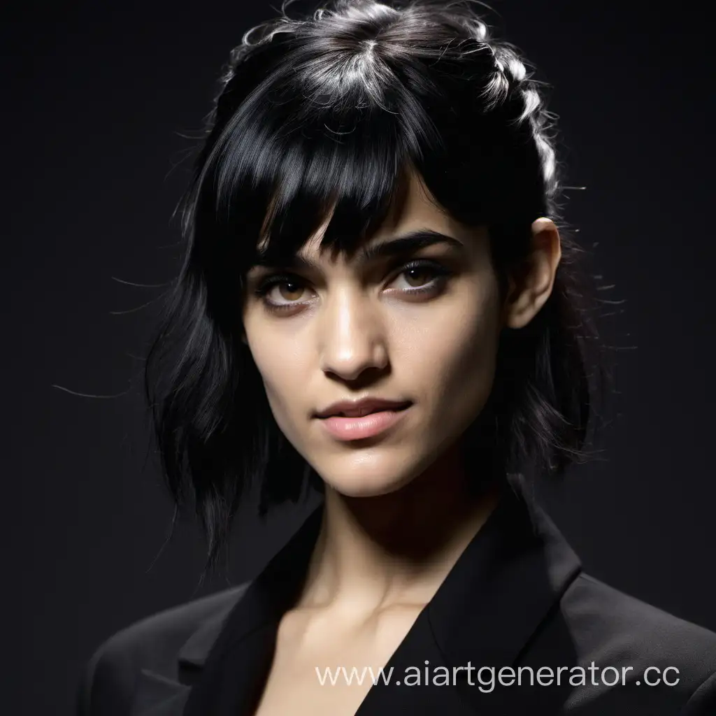 Generate a female scientist, age 28, similar in looks to sofia boutella, . short dark hair.