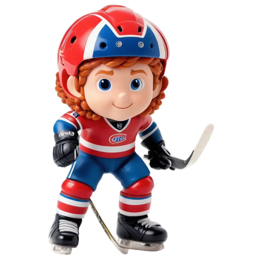 hockey player comic figure with ginger hair under his helmet (no beard), wearing a jersey in blue, white and red