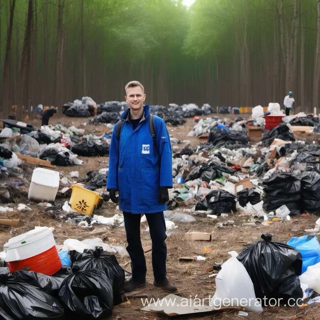 Волонтер фотографируется на фоне собранного мусора на лесной поляне