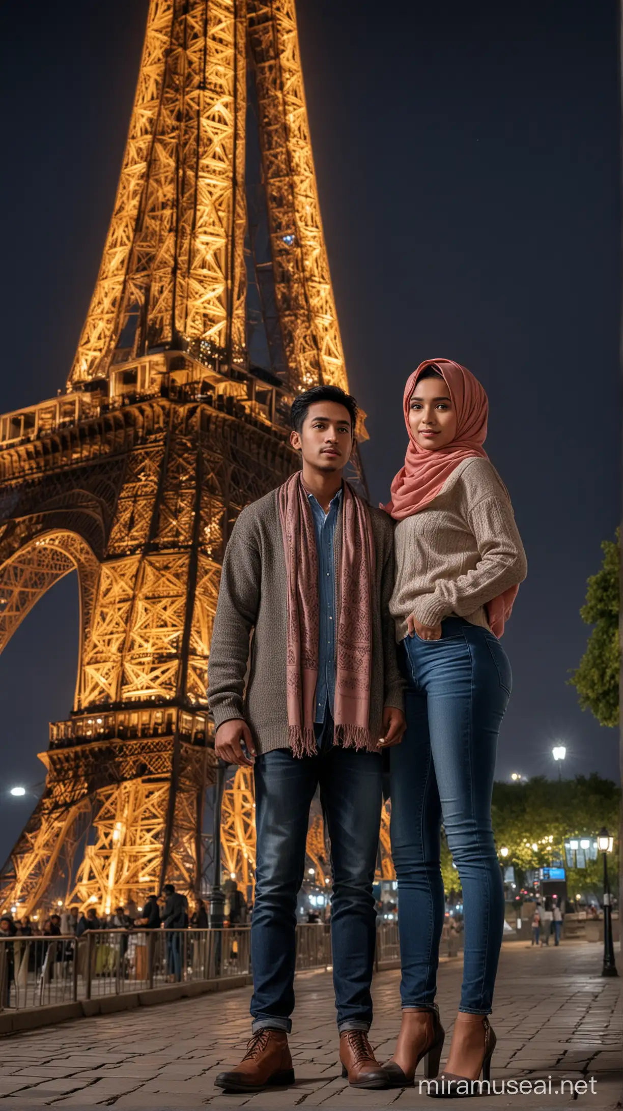 Indonesian Couple in Hijab and Sweater Under Eiffel Tower at Night