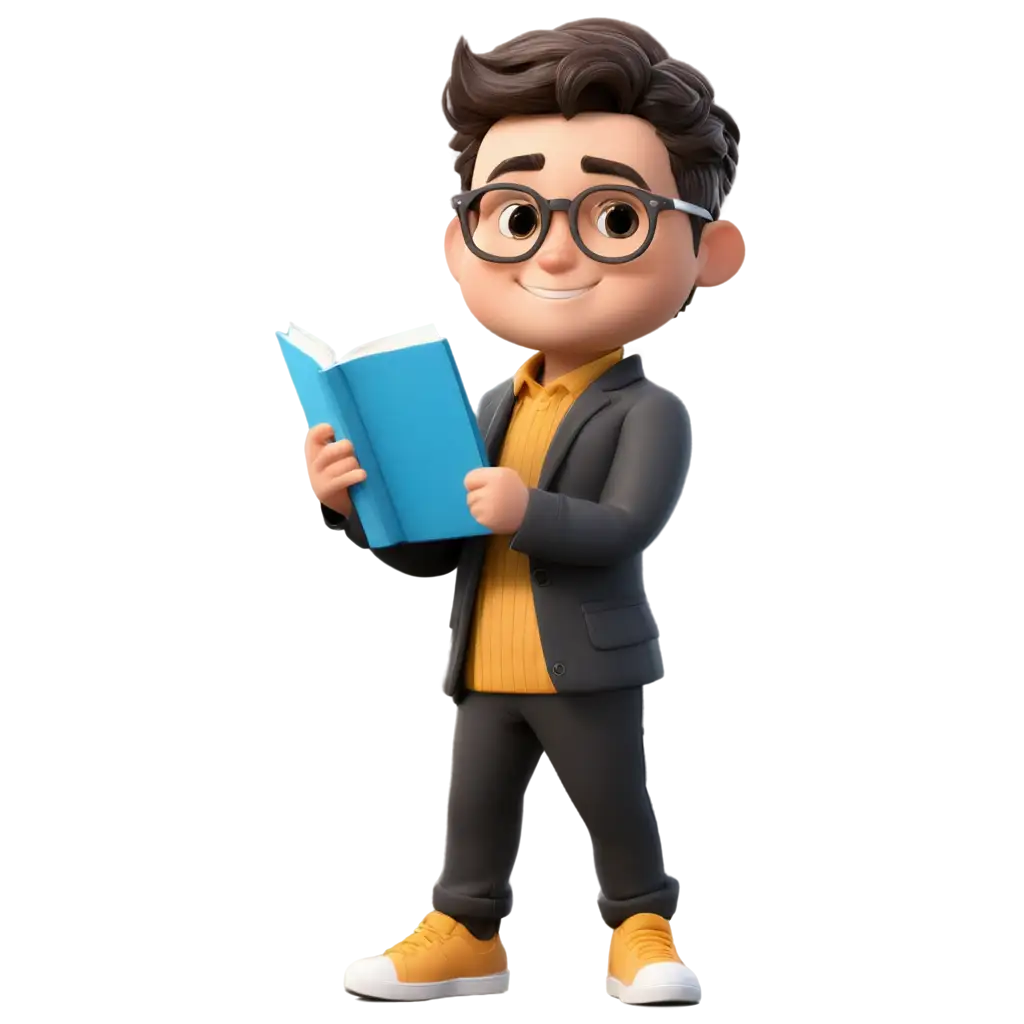 A chibi character with a book in his hand and wearing spectables, illustration