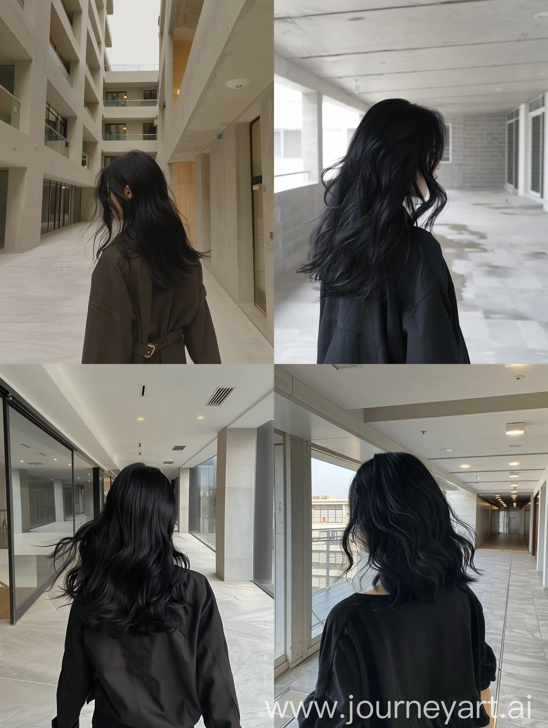  aestethic selfie, blackpink's jennie, walking on a empty modern apartment hall, back body, medium black hair, wavy --ar 3:4
