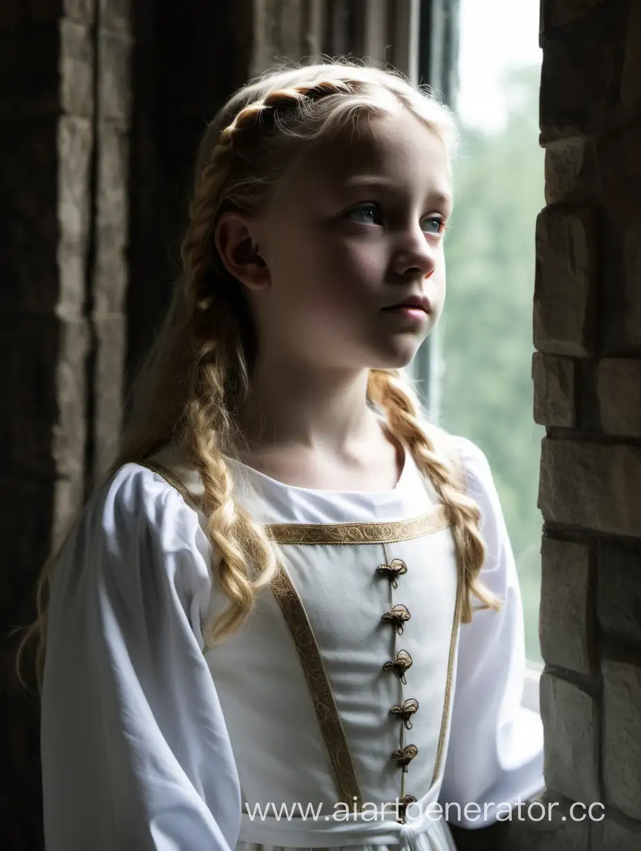 Blonde-Girl-in-White-Medieval-Dress-Contemplating-by-Window