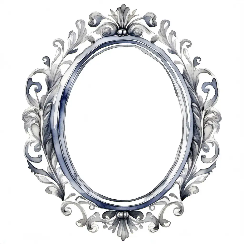 Watercolor Illustration of a Silver Oval Decorative Frame on White Background