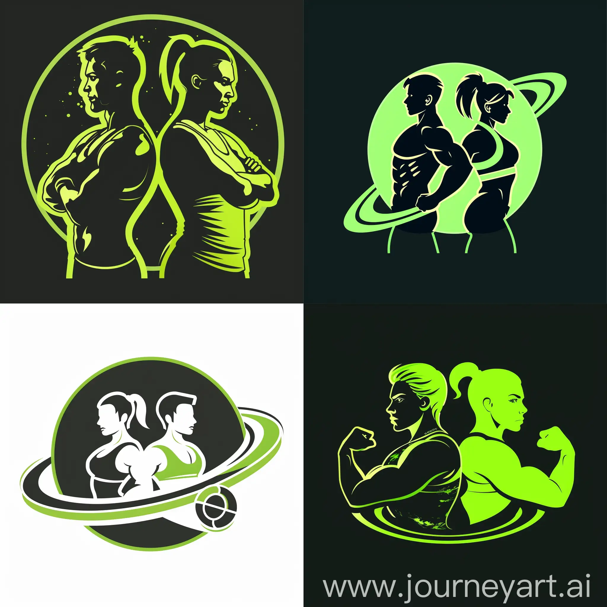 logo, planet, fitness, sport, black-green, light green, neon green, white, fitness club, man and woman