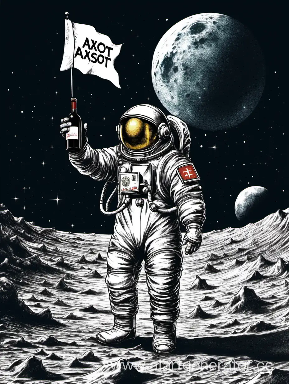 Космонавт на луне. Космонавт держит в левой руке флаг с надписью "AXSOFT". В правой руке космонавта бутылка с вином. Не должно быть никаких иностранных флагов и знаков