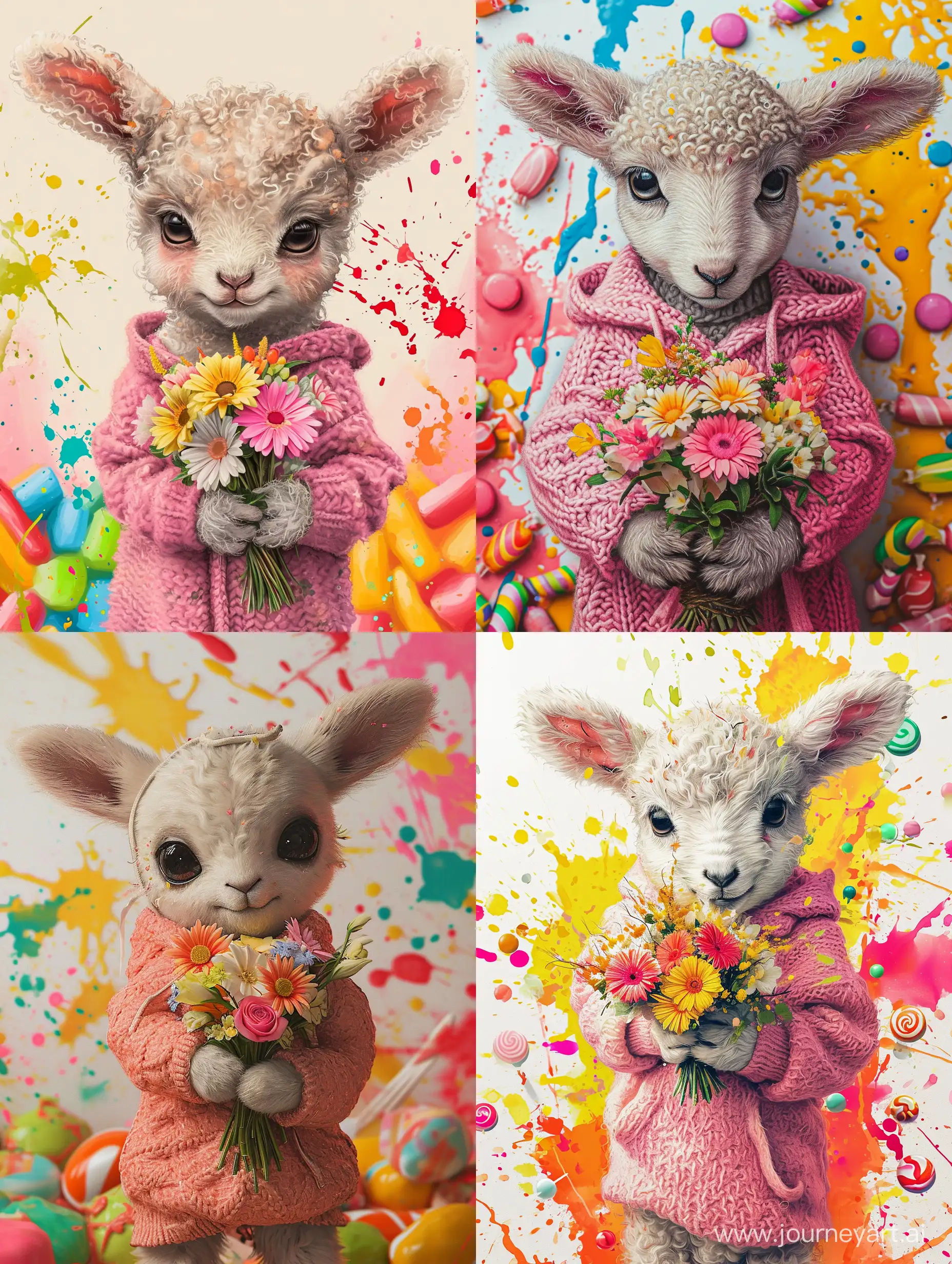 Adorable-Tiny-Lamb-Cub-with-Bouquet-in-Knitted-Pink-Hoodie
