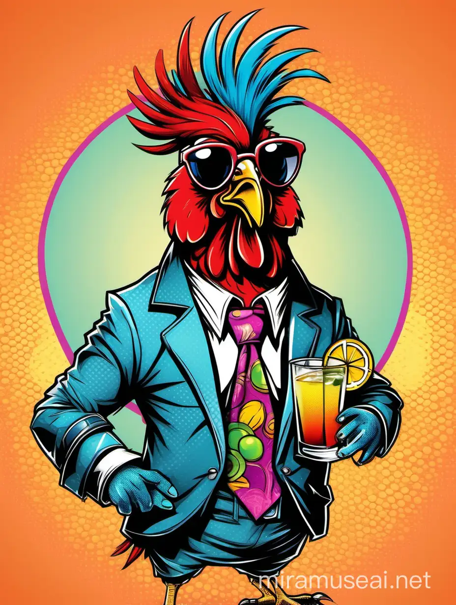 an anthropomorphic drunk rooster with colorful feathers without clothes wearing aviator sunglasses with a cocktail in his hand, comic book style character, fun, creative, 2d art, clean design